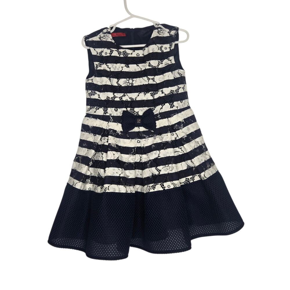 Carolina Herrera Girl Formal Dress Size 4 Lace Striped Navy White Wedding Guest